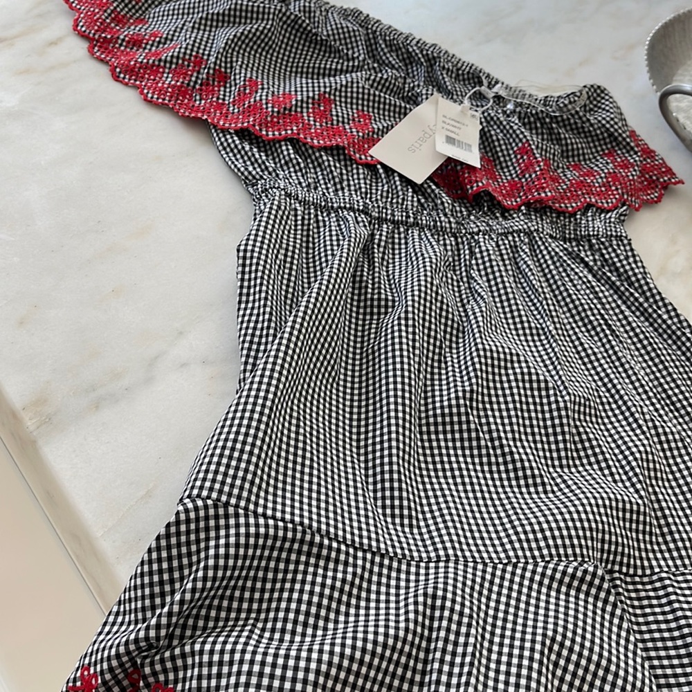 Black/White gingham mini dress cotton one shoulder dress with cinch waist